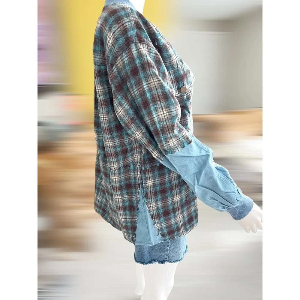 FATE Cute zip front chambray plaid top S M L - Picture 7 of 10